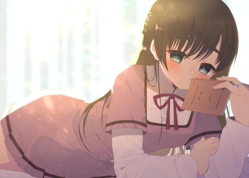 1girl absurdres amane_hikari arm_rest backlighting bangs black_hair blue_eyes blush book braid center_frills closed_mouth collared_shirt cowboy_shot frilled_shirt frills highres holding holding_book jewelry kozue_mayu layered_sleeves long_hair long_sleeves looking_at_viewer lying magia_record:_mahou_shoujo_madoka_magica_gaiden mahou_shoujo_madoka_magica miniskirt mizuna_girls'_academy_school_uniform neck_ribbon on_stomach pleated_skirt purple_shirt purple_skirt red_ribbon ribbon ring school_uniform shirt shirt_under_shirt short_over_long_sleeves short_sleeves side_braids simple_background skirt smile solo split_mouth thick_eyebrows white_shirt