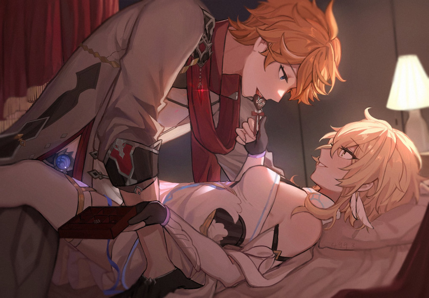 1boy 1girl bangs bed black_gloves blonde_hair blue_eyes blush box breasts canopy_bed chocolate detached_sleeves eye_contact from_side genshin_impact gloves hair_between_eyes hetero highres jacket lamp looking_at_another lumine_(genshin_impact) lying medium_breasts on_back on_bed orange_hair pants partially_fingerless_gloves profile red_scarf scarf sparkle stars4993 tartaglia_(genshin_impact) thighhighs vision_(genshin_impact) white_thighhighs