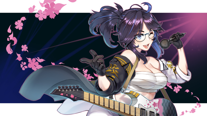 1girl ;d agustinus ahoge bandages bandeau bare_shoulders black_gloves blue_eyes blue_hair breasts chest_sarashi cleavage commentary electric_guitar glasses gloves guitar hand_up highres holding holding_microphone indie_virtual_youtuber instrument jacket kson large_breasts long_hair looking_at_viewer microphone midriff mole mole_under_eye multicolored_hair off_shoulder one_eye_closed open_clothes open_jacket open_mouth pants ponytail purple_hair sarashi short_sleeves smile solo strapless tube_top white_pants