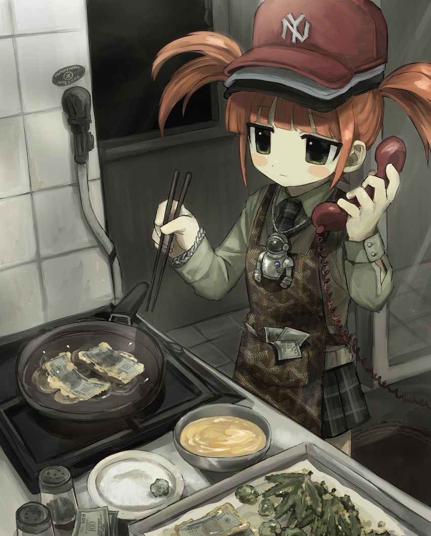 1girl apron astronaut blush_stickers cable chopsticks cooking corded_phone food hat highres holding holding_chopsticks hundredwell jewelry leaf money multiple_hats multitasking necklace nozzle orange_hair phone plate pleated_skirt salt_shaker saucepan skirt smoke solo stove tile_floor tiles tucked_money twintails