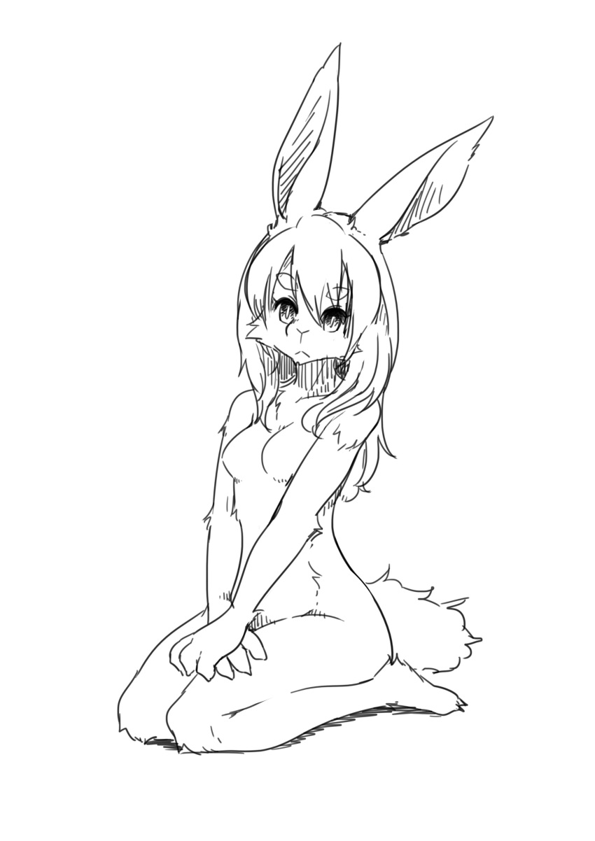 1girl :&lt; absurdres animal_ears animal_hands animal_nose bangs barefoot body_fur breasts closed_mouth collarbone expressionless full_body furry furry_female greyscale hair_between_eyes highres kame_(3t) legs legs_together long_hair looking_at_viewer monochrome no_nipples original own_hands_together rabbit_ears rabbit_girl rabbit_tail seiza sidelocks simple_background sitting sketch small_breasts solo split_mouth tail thighs v_arms white_background