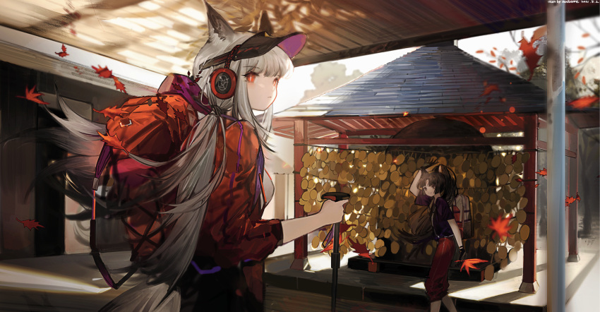 2girls alternate_costume animal_ears arknights arm_up autumn autumn_leaves backpack bag bangs blurry blurry_background branch brown_eyes buddhism cape chinese_commentary closed_mouth commentary_request dog_ears dog_girl dog_tail finn_zoey fox_ears fox_girl fox_tail frostleaf_(arknights) gloves grey_hair hair_lift hair_tie headphones highres hiking hiking_pole jacket leaf light light_blush long_hair long_sleeves looking_at_viewer looking_to_the_side maple_leaf multiple_girls pagoda red_eyes red_jacket saga_(arknights) short_sleeves sidelocks smile tail temple tree visor_cap waving wind wind_lift