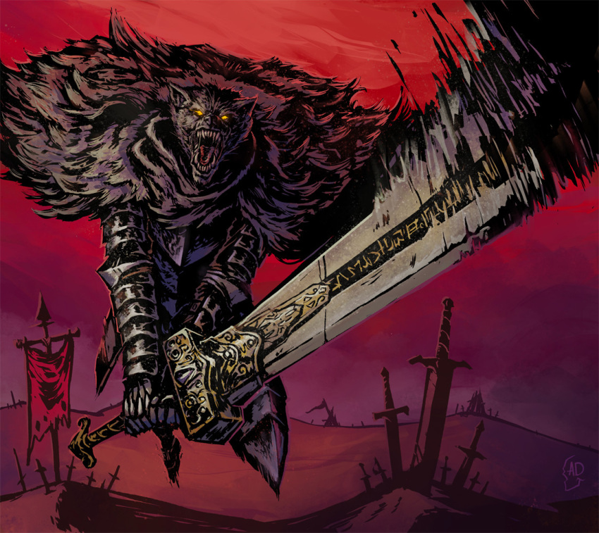 1boy adepietro animal_head armor attack banner blaidd_the_half-wolf brooch cape cloak elden_ring fantasy fighting_stance fur_cape fur_cloak furry furry_male gauntlets glowing glowing_eyes greatsword huge_weapon jewelry lineart plate_armor solo sword two-handed_sword weapon wolf_boy yellow_eyes