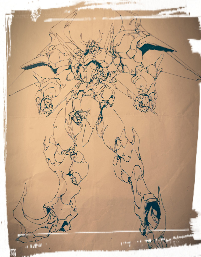 border brown_theme clenched_hands full_body gaiflame god_smasher_(gaiflame) highres lineart looking_up mecha monochome no_humans official_art oobari_masami production_art robot science_fiction super_robot white_border