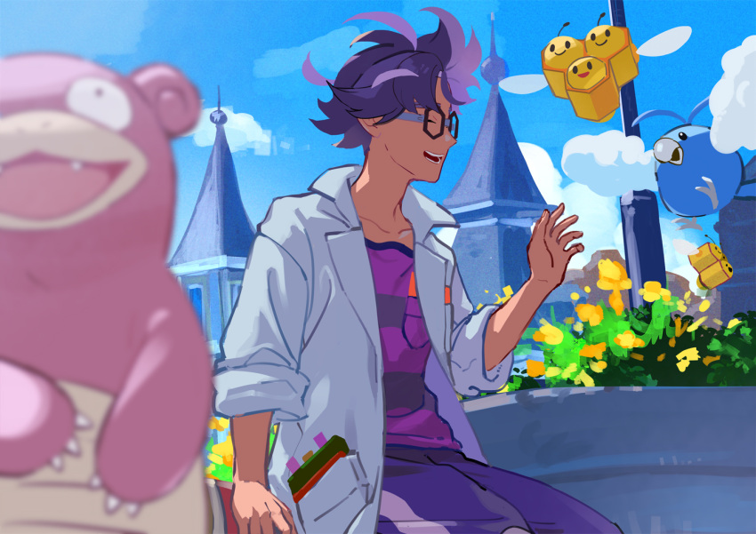 1boy :d bangs black-framed_eyewear breast_pocket building closed_eyes cloud coat combee commentary_request day flower hand_up jacq_(pokemon) male_focus mikami open_clothes open_coat outdoors pants pocket pokemon pokemon_(creature) pokemon_(game) pokemon_sv purple_hair purple_pants purple_shirt shirt short_hair sitting sky slowbro smile striped striped_shirt swablu teeth