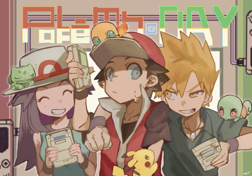 1girl 2boys arm_on_shoulder baseball_cap black_shirt blue_dress blue_eyes blue_oak brown_eyes brown_hair bulbasaur charmander clenched_hand closed_mouth commentary_request dress game_boy green_shirt hair_flaps handheld_game_console hat highres holding holding_handheld_game_console indoors jacket jewelry leaf_(pokemon) long_hair multiple_boys necklace on_head orange_hair pikachu pokemon pokemon_(creature) pokemon_(game) pokemon_frlg pokemon_on_arm pokemon_on_head popped_collar red_(pokemon) red_eyes red_jacket shirt short_sleeves sleeveless sleeveless_shirt smile spiked_hair squirtle sweatdrop teeth tyaui_(xjju4435) v-shaped_eyebrows wristband