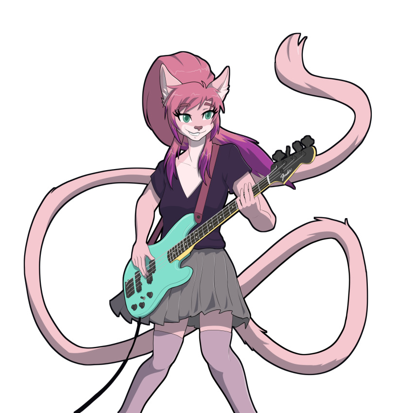 anthro bass_guitar bottomwear clothing domestic_cat felid feline felis female green_eyes guitar hair hi_res janie_(jannifer) jannifer legwear long_tail mammal multicolored_hair musical_instrument pink_body pink_hair playing_music plucked_string_instrument ponytail skirt smile solo string_instrument tail teeth thigh_highs trans_(lore) trans_woman_(lore) two_tone_hair