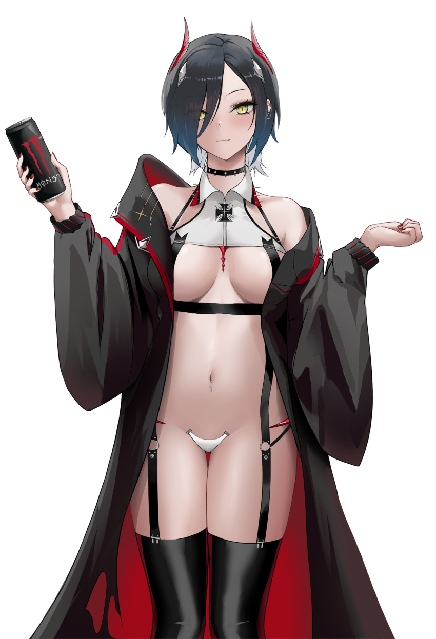 1girl azur_lane bangs bare_shoulders black_choker black_coat black_hair black_thighhighs breast_strap breasts c-string choker cigarette cleavage closed_mouth coat collared_shirt commentary crop_top cross ear_piercing garter_straps hair_between_eyes hair_ornament hair_over_one_eye hands_up highres holding holding_cigarette horns iron_cross looking_at_viewer medium_breasts monster_energy multicolored_hair nail_polish navel navel_piercing off_shoulder open_clothes open_coat piercing purple_nails red_horns shirt short_hair sidelocks simple_background solo spiked_choker spikes standing stomach strapless_bottom thighhighs tio_(005) ulrich_von_hutten_(azur_lane) white_background white_hair white_shirt yellow_eyes