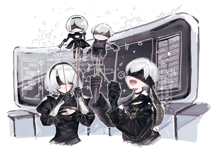 1boy 1girl back_cutout bangs black_gloves blindfold blush cleavage_cutout closed_mouth clothing_cutout covered_eyes eye_mask feather-trimmed_sleeves feather_trim gloves hairband holding juliet_sleeves long_sleeves nier:automata nier_(series) open_mouth puffy_sleeves puppet puppet_show short_hair sugomori_tsuru_(artist) upper_body watermark white_hair yorha_no._2_type_b yorha_no._9_type_s