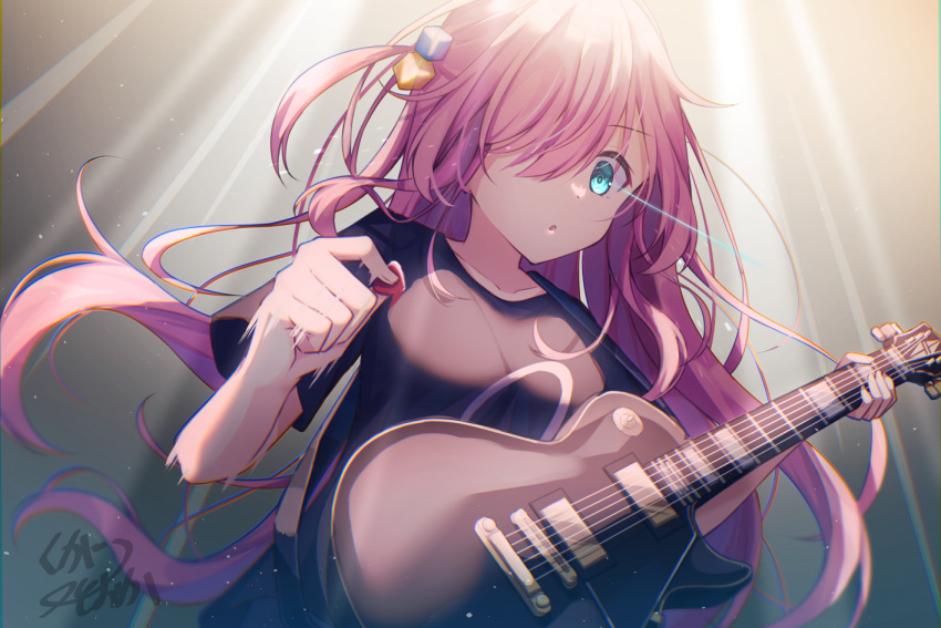 1girl :o bangs black_shirt blue_eyes bocchi_the_rock! breasts collarbone commentary_request cube_hair_ornament electric_guitar eyelashes floating_hair gibson_les_paul glowing glowing_eye gotou_hitori guitar hair_ornament hair_over_one_eye holding holding_instrument holding_plectrum instrument kugatsu_tooka light_particles light_rays long_hair looking_at_viewer medium_breasts motion_lines music one_eye_covered one_side_up parted_bangs parted_lips pink_hair playing_instrument plectrum shirt short_sleeves sidelocks signature solo t-shirt upper_body