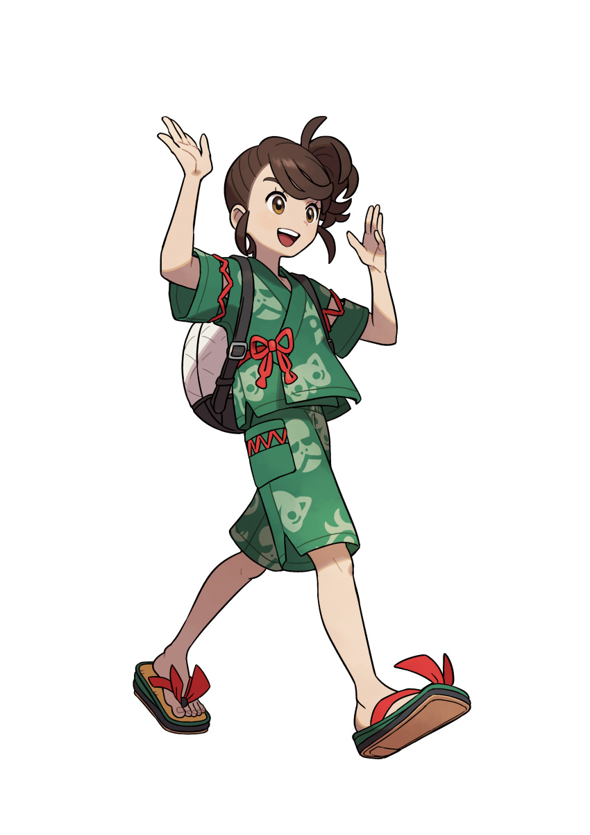 1girl absurdres arms_up artist_request asymmetrical_hair backpack bag bangs blush brown_eyes brown_hair cross-laced_clothes flat_chest full_body green_shirt green_shorts happy highres juliana_(pokemon) light_blush multicolored_footwear official_art open_mouth outline pocket pokemon print_shirt print_shorts sandals shirt short_hair short_sleeves shorts side_slit sidelocks simple_background smile solo standing swept_bangs teeth transparent_background walking white_outline