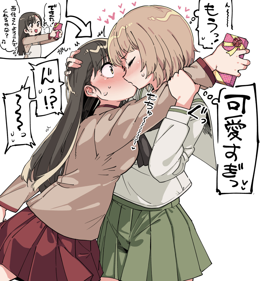 2girls absurdres aoi_kujira arm_grab arrow_(symbol) asymmetrical_bangs bangs black_eyes black_hair black_neckerchief blouse blush brown_hair brown_jacket chi-hatan_school_uniform commentary forced_kiss gift girls_und_panzer green_skirt hand_on_another's_head heart high_collar highres holding holding_gift jacket kiss long_hair long_sleeves looking_at_another miniskirt multiple_girls neckerchief nishi_kinuyo nishizumi_miho ooarai_school_uniform pleated_skirt red_skirt sailor_collar school_uniform serafuku shirt short_hair skirt standing straight_hair translated valentine white_background white_sailor_collar white_shirt wide-eyed yuri