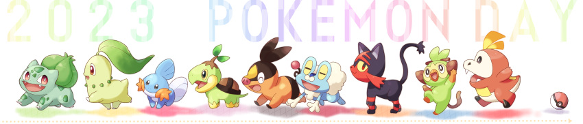:d ^_^ absurdres bright_pupils bulbasaur chikorita closed_eyes commentary_request fangs froakie from_side fuecoco grookey happy highres litten minoco_(sana_moko) mudkip no_humans open_mouth poke_ball poke_ball_(basic) pokemon pokemon_(creature) smile standing tepig turtwig walking white_pupils wide_image