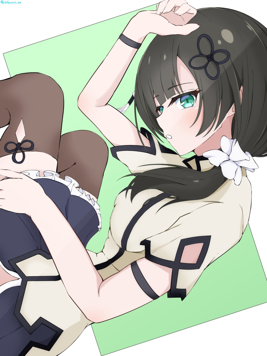 1girl aqua_eyes arm_cutout arm_strap arm_up assault_lily bangs black_hair black_skirt blunt_bangs breasts brown_thighhighs clothing_cutout commentary_request feet_out_of_frame flower_knot frilled_skirt frills green_background green_eyes grey_shirt hair_ornament hair_over_shoulder hair_scrunchie hand_on_own_head hand_on_own_thigh highres long_hair looking_away low_ponytail lying medium_breasts miniskirt on_side parted_lips pleated_skirt scrunchie shirt short_sleeves side_ponytail side_slit skirt solo sora_umi_ao tassel tassel_hair_ornament thighhighs twitter_username two-tone_background wang_yujia white_background white_scrunchie wristband