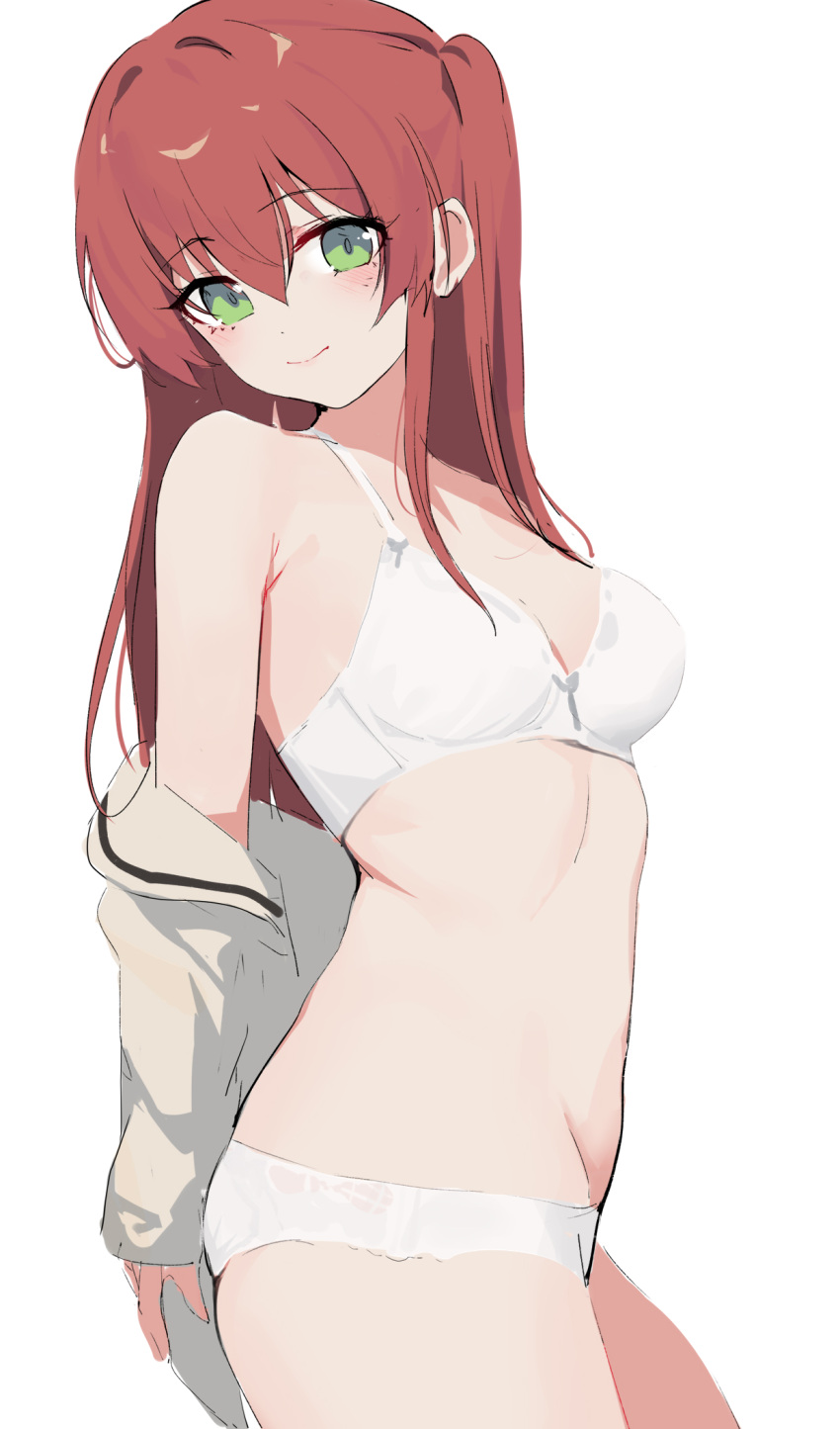 1girl bangs bare_shoulders blush bocchi_the_rock! bra breasts closed_mouth cowboy_shot from_side gin00 green_eyes groin hair_between_eyes head_tilt highres kita_ikuyo long_hair looking_at_viewer medium_breasts midriff off_shoulder panties red_hair shirt shirt_removed side_ponytail sidelocks simple_background skindentation smile solo standing underwear underwear_only white_background white_bra white_panties white_shirt