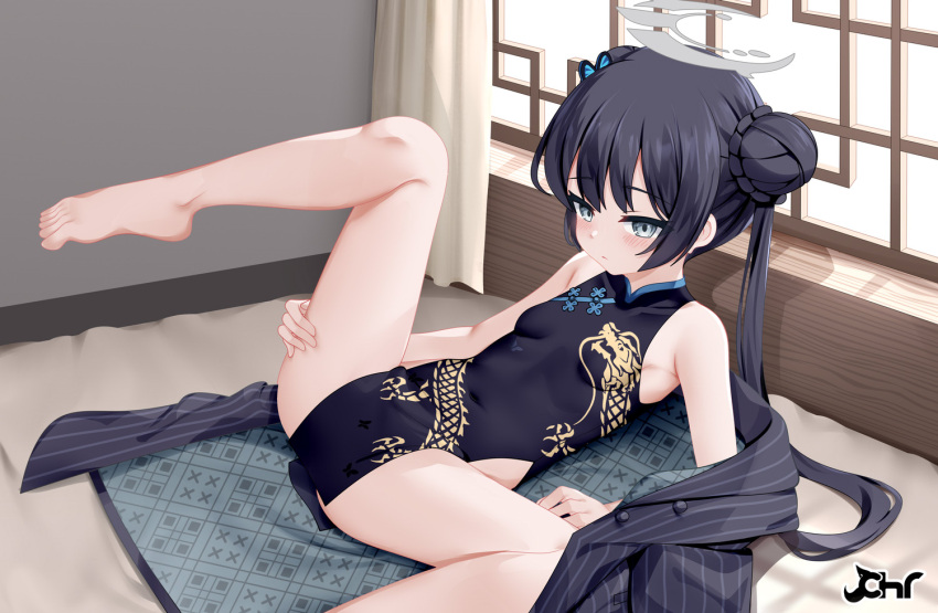 1girl bangs bare_arms bare_shoulders barefoot black_dress black_hair black_jacket blue_archive blush breasts butterfly_hair_ornament china_dress chinese_clothes chrisandita closed_mouth commentary covered_navel curtains double_bun dress english_commentary feet_out_of_frame grey_eyes hair_bun hair_ornament halo indoors jacket kisaki_(blue_archive) leg_up long_hair pelvic_curtain pinstripe_pattern sleeveless sleeveless_dress small_breasts solo spread_legs striped twintails very_long_hair window