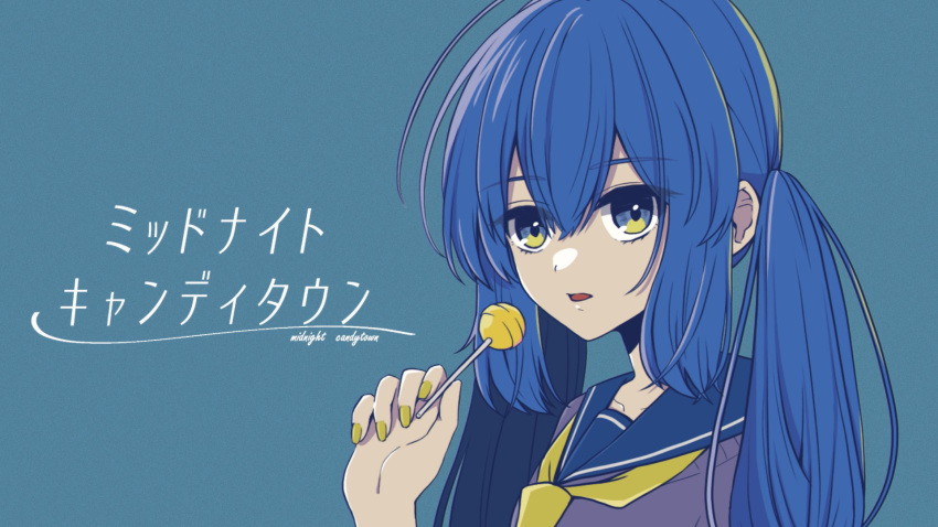 blue_background blue_hair blue_serafuku candy food hair_between_eyes highres holding holding_candy holding_food holding_lollipop lollipop long_hair melonball multicolored_eyes nail_polish neckerchief open_mouth otomachi_una school_uniform serafuku twintails vocaloid yellow_nails yellow_neckerchief