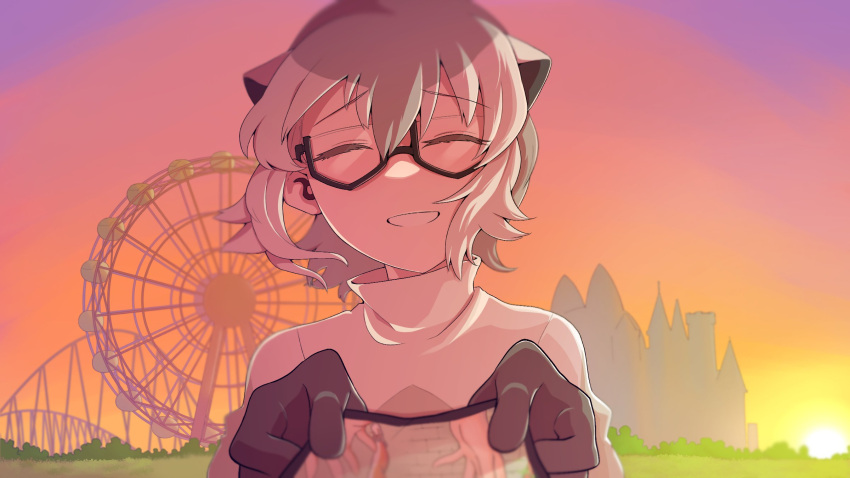 amusement_park closed_eyes ferris_wheel giving gm_(ggommu) grey_hair highres japari_park kemono_friends kemono_friends_3 looking_at_viewer meerkat_(kemono_friends) meerkat_ears outdoors roller_coaster short_hair sky smile sunset sweater turtleneck turtleneck_sweater two-tone_sweater