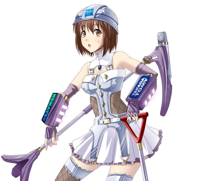 bangs belt bracer breasts brown_eyes brown_hair buckle chest_jewel chin_strap cleavage diamond_(shape) dress elbow_gloves fingerless_gloves fishnet_cutout fishnet_thighhighs fishnets gem gloves hagiwara_yukiho hasbro helmet highres holding holding_microphone_stand ichimedoo idol idolmaster idolmaster_xenoglossia komatsu_(company) logo looking_at_viewer microphone microphone_stand o-ring pickaxe purple_gloves shirt short_dress shovel silver_shirt simple_background skirt sleeveless sleeveless_dress sleeveless_shirt sweat thighhighs tomy_company_ltd. white_background white_skirt