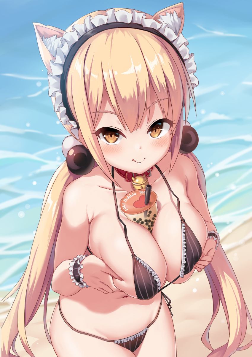 1girl :q absurdres animal_collar animal_ears bangs beach bikini black_bikini blonde_hair breast_hold breasts brown_eyes bubble_tea cat_ears closed_mouth collar commentary_request day fake_animal_ears frilled_bikini frills hair_bobbles hair_ornament halterneck highres large_breasts licking_lips long_hair looking_at_viewer low_twintails maid_headdress outdoors shimokirin side-tie_bikini_bottom smile solo standing swimsuit tongue tongue_out twintails very_long_hair water xiaoyuan_(you_can_eat_the_girl) you_can_eat_the_girl