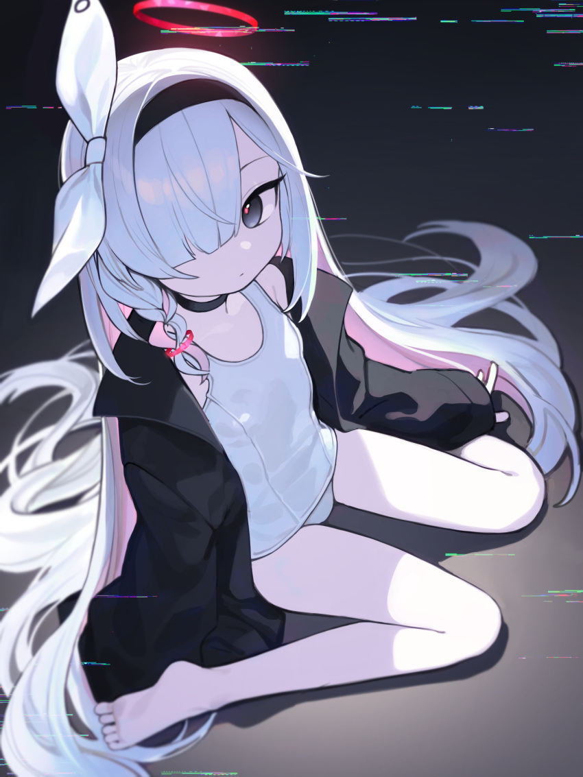 1girl a.r.o.n.a_(blue_archive) black_choker black_coat black_eyes black_hairband blue_archive braid choker closed_mouth coat colored_inner_hair hair_over_one_eye hairband halo highres long_hair looking_at_viewer multicolored_hair one-piece_swimsuit open_clothes open_coat pink_hair signalviolet single_braid sitting sleeves_past_wrists solo swimsuit very_long_hair wariza white_hair white_one-piece_swimsuit