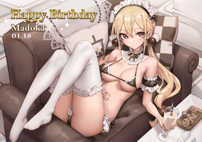1girl armband bangs bell birthday black_bra black_panties black_ribbon blonde_hair bra breasts bridal_garter brown_eyes bubble_tea closed_mouth cookie couch cup dated detached_collar drinking_straw food frilled_armband frilled_bra frilled_panties frills from_above hair_bobbles hair_ornament hand_on_own_stomach happy_birthday high_collar large_breasts light_frown long_hair looking_at_viewer low_twintails lying neck_bell neck_ribbon on_back on_couch oopartz_yang panties pillow ribbon solo string_bra string_panties thighhighs tissue_box twintails underwear white_thighhighs xiaoyuan_(you_can_eat_the_girl) you_can_eat_the_girl