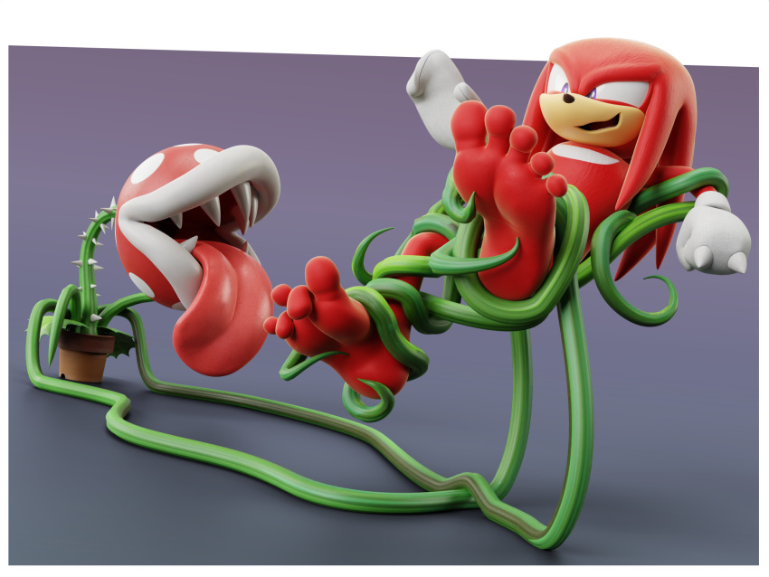 crossover echidna elemental_creature feet feetymcfoot flora_fauna hi_res knuckles_the_echidna male mammal mario_bros monotreme nintendo piranha_plant plant sega sonic_the_hedgehog_(series) vines