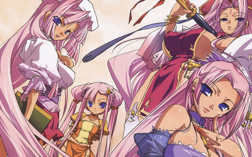 blue_eyes breasts hikage_eiji koihime_musou large_breasts long_hair mother_and_daughter multiple_girls pink_hair ponytail siblings sisters smile sonken sonken_bundai sonsaku sonshoukou thighhighs twintails very_long_hair