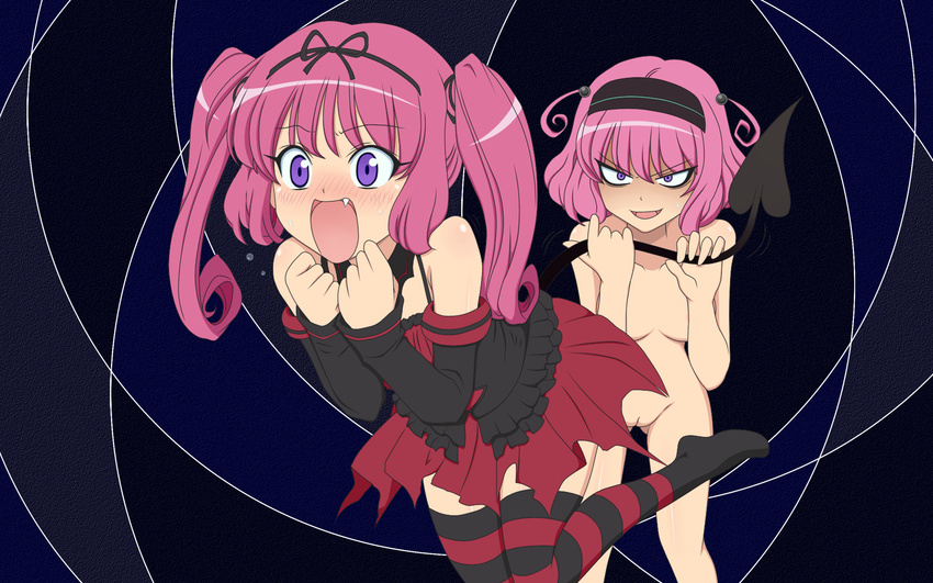 2girls blush highres momo_velia_deviluke multiple_girls nana_asta_deviluke pink_hair purple_eyes short_hair siblings sisters tail tail_fondling tail_grab thighhighs to_love-ru toloveru twins twintails wallpaper