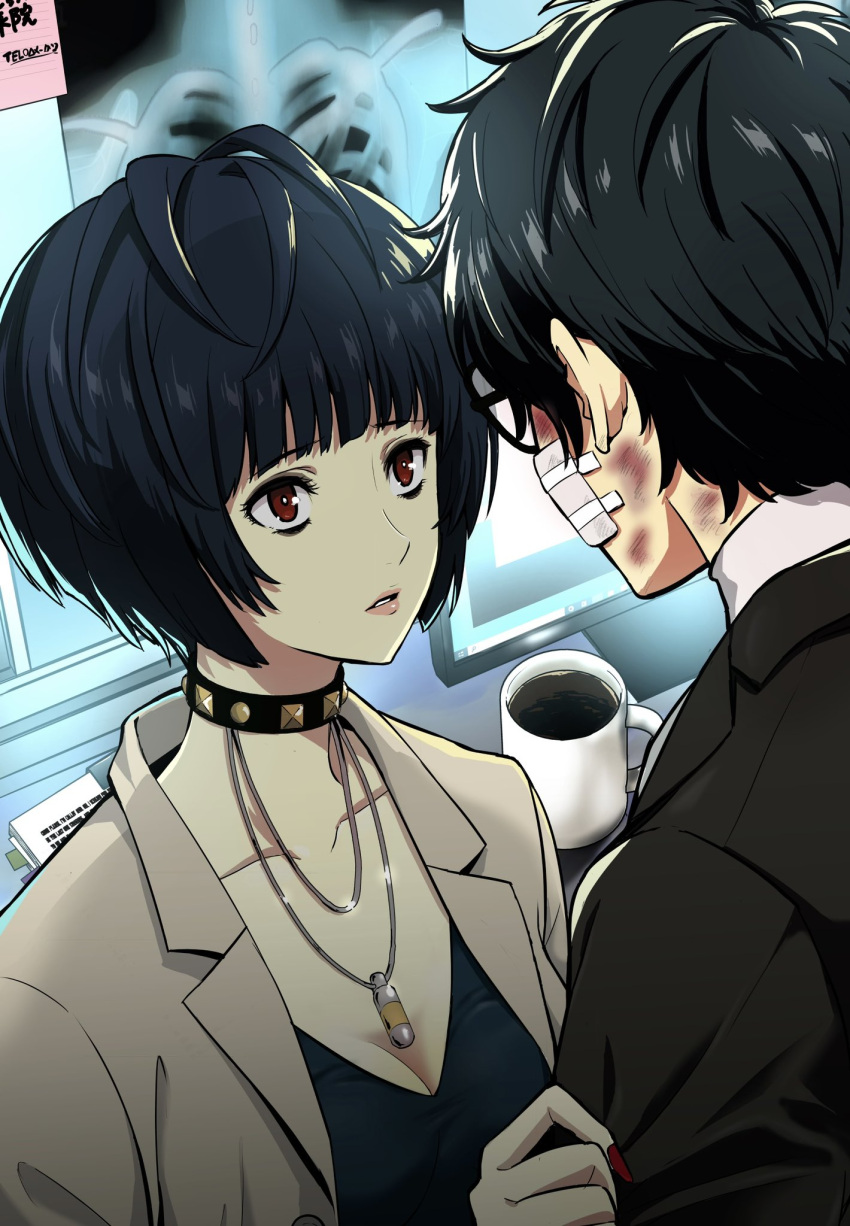 1boy 1girl amamiya_ren bandaid bangs black-framed_eyewear black_choker black_dress black_hair black_jacket blunt_bangs bob_cut breasts brown_eyes choker cleavage coat collarbone commentary_request computer cup dress fingernails from_behind glasses height_difference highres injury ito_(daisukidanchi) jacket jewelry labcoat lips looking_at_another mug nail_polish necklace open_clothes open_coat parted_lips persona persona_5 pink_lips red_nails school_uniform shuujin_academy_school_uniform takemi_tae uniform white_coat x-ray_film