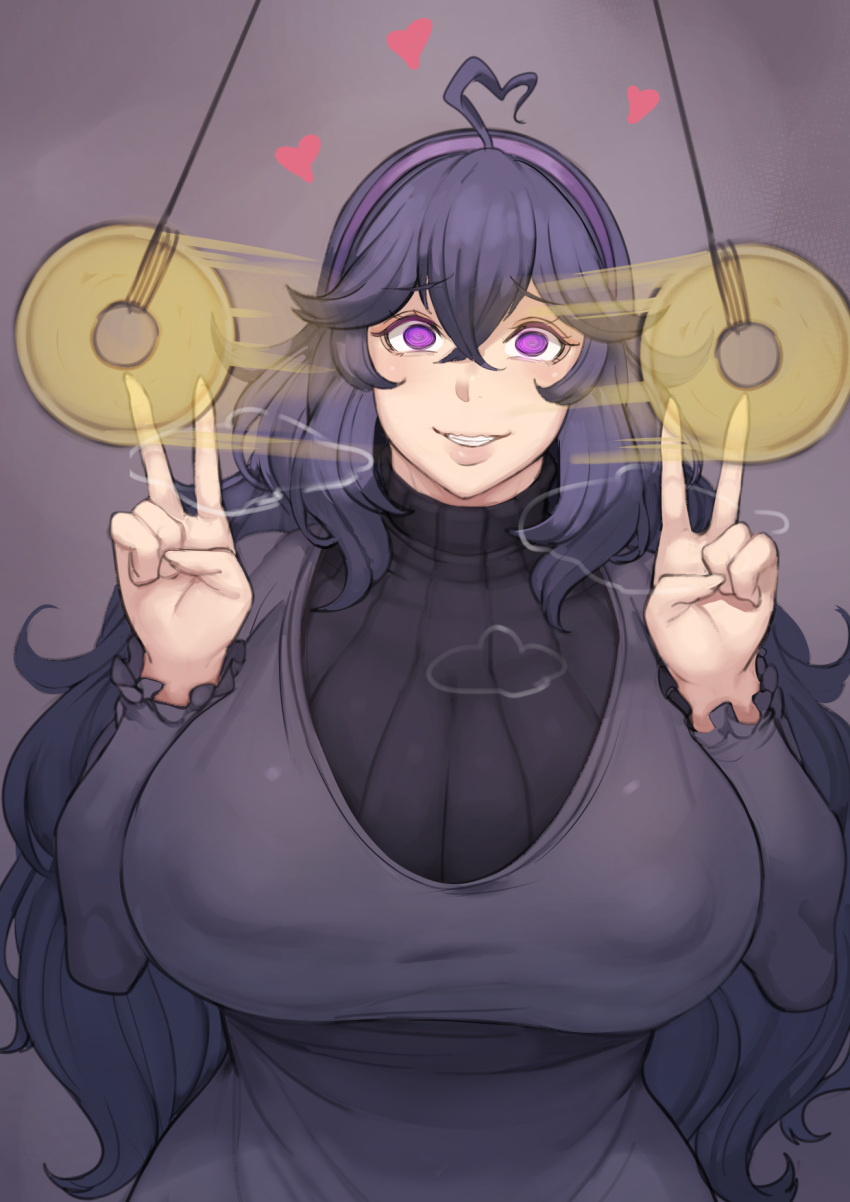 1girl ahoge bangs blush breasts clenched_teeth covered_erect_nipples crossed_bangs double_v dress frilled_sleeves frills gradient_background grin hair_between_eyes hairband hands_up heart heart_ahoge hex_maniac_(pokemon) highres huge_breasts hypno hypnosis light_blush long_hair long_sleeves looking_at_viewer messy_hair metal_owl_(aden12) mind_control motion_blur out_of_frame pendulum pink_eyes pokemon pokemon_(creature) pokemon_(game) pokemon_xy puffy_areolae purple_dress purple_hair purple_hairband ribbed_sweater simple_background smile sweater teeth turtleneck upper_body v wavy_hair