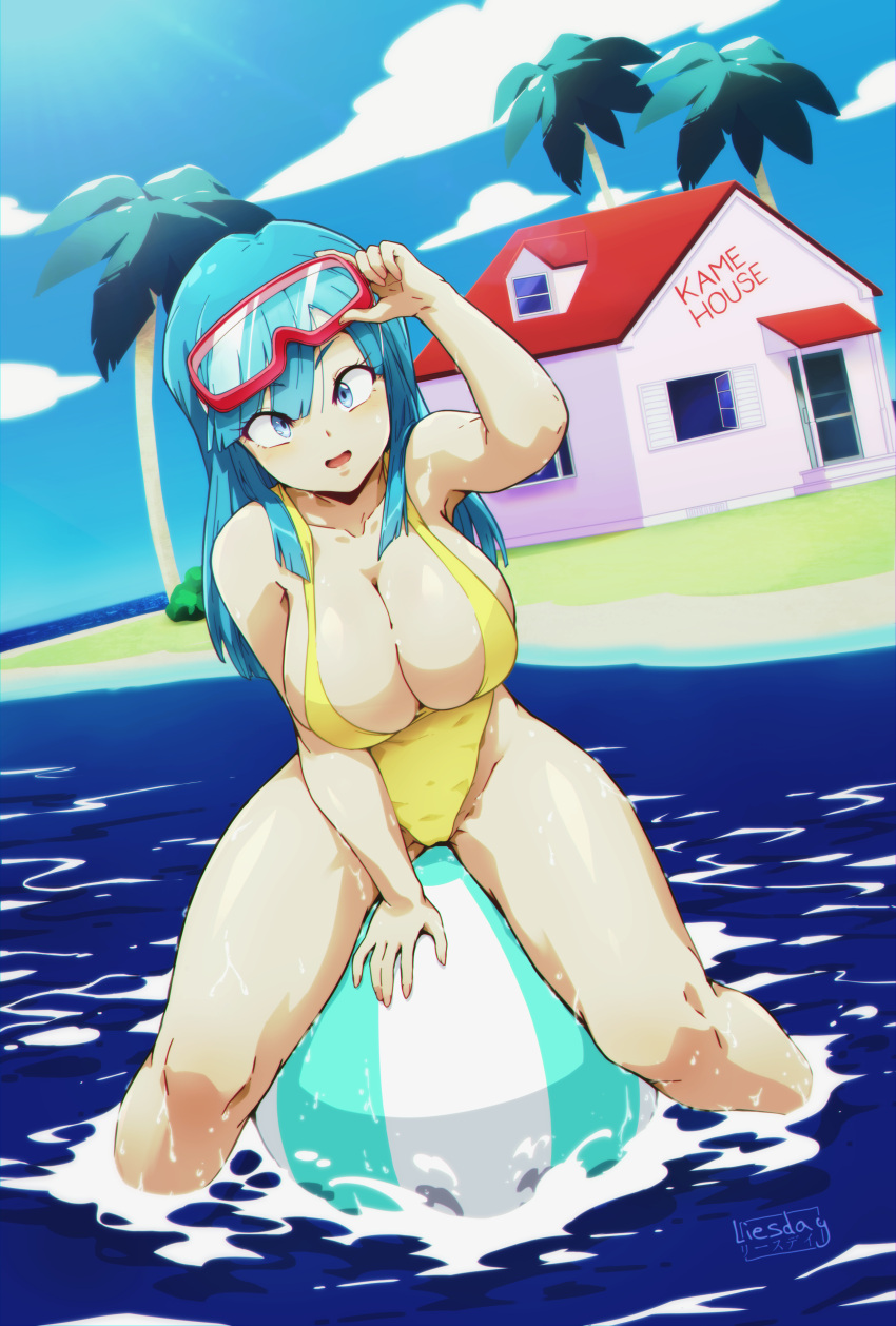 1girl absurdres aqua_eyes aqua_hair ball beachball breasts cleavage cloud cloudy_sky commission day diving_mask dragon_ball dragon_ball_z goggles highleg highleg_swimsuit highres house island kame_house large_breasts ledy long_hair looking_at_viewer maron_(dragon_ball_z) ocean one-piece_swimsuit open_mouth outdoors palm_tree sky smile solo spread_legs swimsuit tree yellow_one-piece_swimsuit