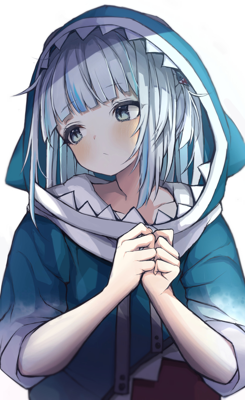 1girl absurdres animal_costume animal_hood bangs blue_eyes blue_hair blue_hoodie blunt_bangs closed_mouth gawr_gura grey_hair hair_ornament highres hololive hololive_english hood hood_up hoodie kokutamotsu long_sleeves looking_to_the_side medium_hair multicolored_hair shark_costume shark_girl shark_hair_ornament shark_hood simple_background solo streaked_hair two_side_up virtual_youtuber white_background