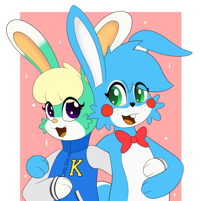 1:1 2022 absurd_res animal_crossing anthro blonde_hair blue_body blue_fur blue_hair blush blush_stickers border bow_tie cheek_tuft countershade_face countershade_torso countershading digital_drawing_(artwork) digital_media_(artwork) duo facial_tuft five_nights_at_freddy's five_nights_at_freddy's_2 fur girly green_body green_eyes green_fur hair half-length_portrait hi_res lagomorph leporid long_ears male male_(lore) mammal mrneo multicolored_body multicolored_fur nintendo open_mouth open_smile pink_background portrait purple_eyes rabbit sasha_(animal_crossing) scottgames simple_background smile toy_bonnie_(fnaf) tuft two_tone_body two_tone_face two_tone_fur white_body white_border white_countershading