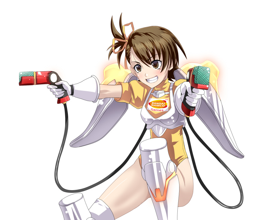 armor bandai_namco bikini_armor brown_eyes brown_hair cable chest_armor floating_armor futami_ami gloves glowing hair_ribbon highres holding holding_microphone ichimedoo idol idolmaster idolmaster_xenoglossia leg_armor leotard logo microphone puffy_short_sleeves puffy_sleeves ribbon short_hair short_sleeves shoulder_armor side_ponytail simple_background smile white_armor white_background white_gloves yellow_leotard