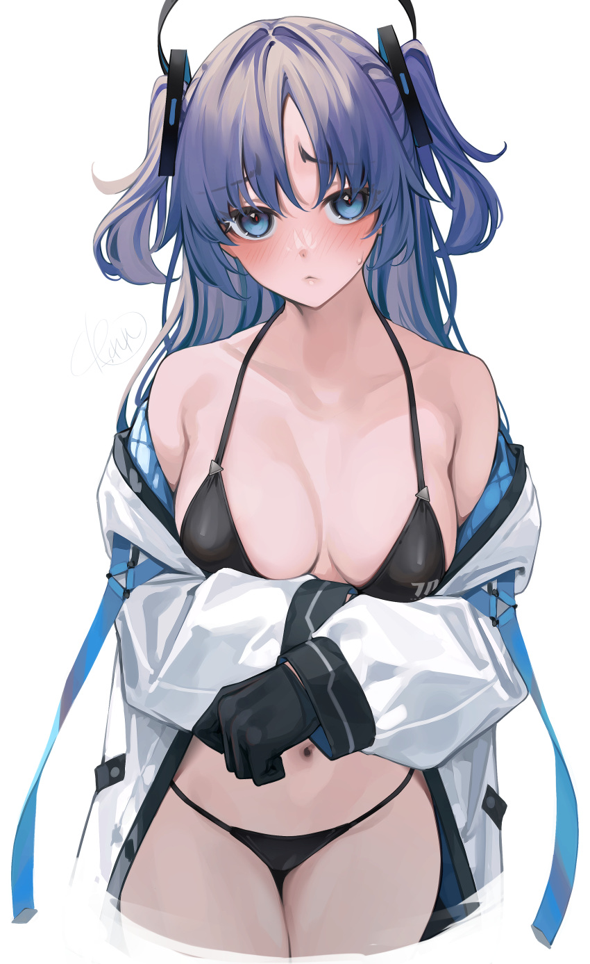 1girl absurdres bikini black_bikini black_gloves blue_archive blue_eyes blue_hair blush breasts closed_mouth cowboy_shot gloves hair_ornament halo highres jacket large_breasts long_hair long_sleeves navel open_clothes open_jacket rerrere signature simple_background solo standing string_bikini swimsuit two_side_up white_background white_jacket yuuka_(blue_archive)