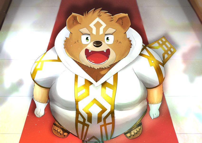 2023 absurd_res anthro bear belly big_belly brown_body brown_fur clothed clothing crave_saga detailed_background fur gabu_(crave_saga) hi_res kemono kumatoron male mammal moobs overweight overweight_male solo