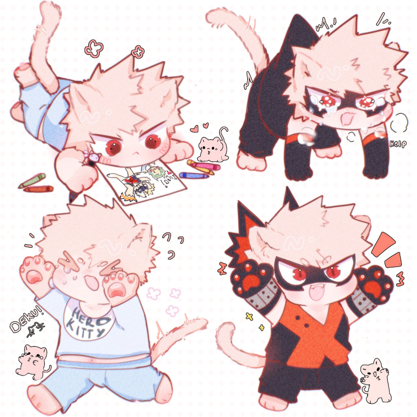 &gt;_&lt; 1boy aged_down animal_ears animal_hands bakugou_katsuki black_mask black_shorts blonde_hair blue_shirt blue_shorts blush boku_no_hero_academia cat cat_boy cat_ears cat_paws cat_tail child child's_drawing closed_eyes closed_mouth clothes_writing commentary crayon crying drawing english_commentary eye_mask full_body furrification furry heart highres lying male_child male_focus midoriya_izuku navel on_stomach open_mouth pochitaart red_eyes shirt short_hair shorts simple_background smile spiked_hair standing tail tears white_background