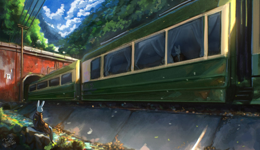 ambiguous_gender anthro clothing coat dr_rabbit_(tomtc) forest hi_res lagomorph leporid mammal outside painting_(artwork) plant power_lines rabbit tomtc topwear traditional_media_(artwork) train tree vehicle