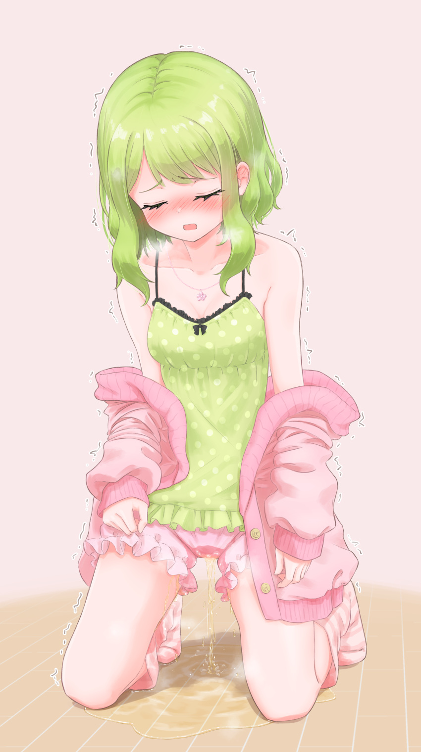 1girl absurdres bangs bare_shoulders blush breath closed_eyes collarbone commentary_request ear_blush embarrassed frilled_shirt frilled_shorts frills full_body green_hair green_shirt highres jacket jewelry kneeling long_sleeves medium_hair morinaka_kazaki necklace nijisanji nose_blush off_shoulder open_clothes open_jacket open_mouth pee peeing peeing_self pink_background pink_jacket pink_shorts pink_socks polka_dot polka_dot_shirt puddle raised_eyebrows shirt short_shorts shorts sidelocks simple_background sleeveless sleeveless_shirt socks solo spaghetti_strap steam striped striped_socks swept_bangs thighs trembling u_u urabe_miyabi virtual_youtuber wet wet_clothes wooden_floor