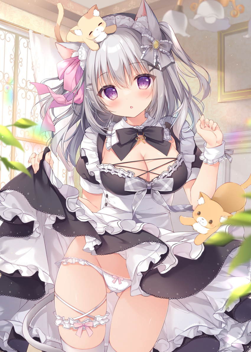 1girl animal_ears apron black_dress black_ribbon blush bow bow_legwear breasts cat cat_ears cleavage clothes_lift detached_collar dress frilled_dress frills grey_hair hair_ornament highres large_breasts legwear_garter lifted_by_self long_hair looking_at_viewer maid maid_apron maid_headdress moe2023 original panties pantyshot pink_bow puffy_sleeves purple_eyes ribbon shirosei_mochi skirt thighhighs underwear white_panties wrist_cuffs