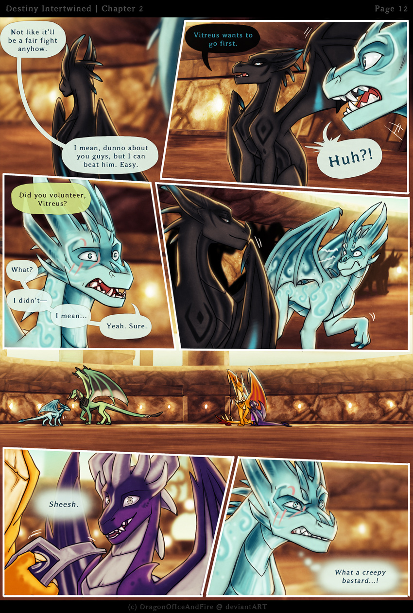 2022 activision amberius black_body blue_body colored comic dialogue dialogue_box dragon dragonoficeandfire english_text female feral frown green_body group hayze_(dragonoficeandfire) hi_res horn male malefor purple_body quadruped scalie scar smile smirk speech_bubble spyro_the_dragon text therris_(dragonoficeandfire) vitreus western_dragon wings