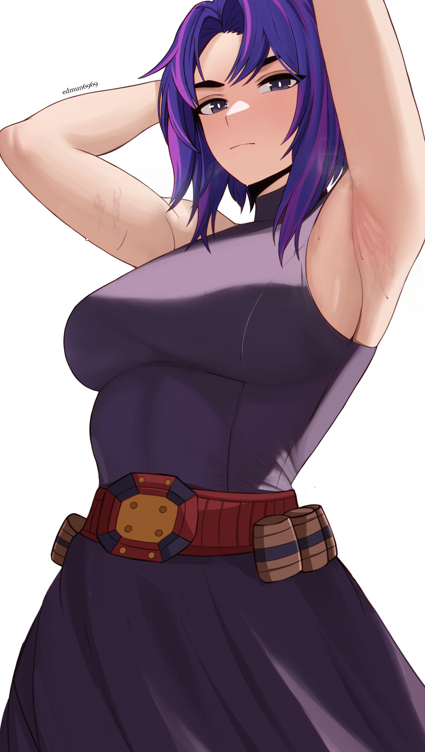 1girl :| absurdres armpits arms_behind_head arms_up artist_name bangs belt boku_no_hero_academia breasts closed_mouth dress edmun expressionless highres lady_nagant large_breasts looking_at_viewer multicolored_hair parted_bangs pink_hair purple_dress purple_eyes purple_hair short_hair sideboob sleeveless sleeveless_turtleneck solo sweat taut_clothes taut_dress turtleneck two-tone_hair utility_belt white_background