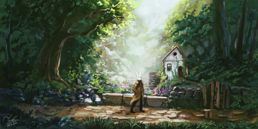 ambiguous_gender anthro bottomwear building clothing coat dr_rabbit_(tomtc) footwear forest hi_res house lagomorph leporid mammal outside painting_(artwork) pants plant rabbit raincoat shoes sunny tomtc topwear traditional_media_(artwork) tree walking water_wheel