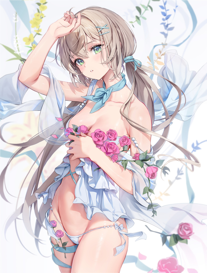 1girl absurdres arm_up babydoll bangs bare_shoulders beads blue_bow blue_bowtie blush bow bowtie breasts brown_hair cleavage commentary_request covering covering_breasts cowboy_shot floating_hair flower frilled_babydoll green_eyes groin hair_ornament hair_ribbon hairclip hand_on_own_chest highres houkisei leaf long_hair looking_at_viewer low_twintails medium_breasts neckerchief original paid_reward_available panties parted_lips petals pink_flower pink_rose ribbon rose rose_petals side-tie_panties sidelocks simple_background solo stomach strap_slip string_panties thighs twintails underwear very_long_hair white_babydoll white_background x_hair_ornament yellow_flower