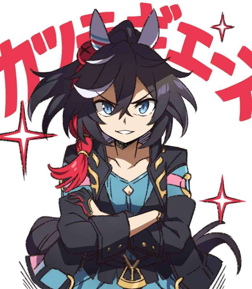 1-4daithi 1girl animal_ears black_hair black_jacket blue_eyes character_name commentary crossed_arms ear_covers gunbuster_pose hair_between_eyes highres horse_ears horse_girl jacket katsuragi_ace_(umamusume) kill_la_kill long_hair looking_at_viewer multicolored_hair ponytail simple_background solo streaked_hair two-tone_hair umamusume white_background white_hair