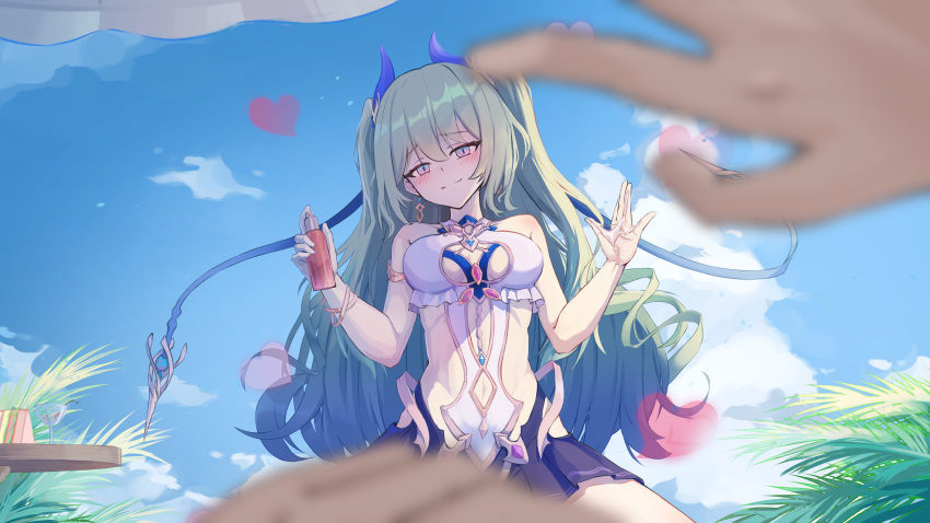 1boy 1girl absurdres bangs bare_shoulders blue_sky blurry blurry_foreground breasts caisena captain_(honkai_impact) cleavage closed_mouth cloud cloudy_sky earrings green_eyes green_hair half-closed_eyes heart highres honkai_(series) honkai_impact_3rd jewelry long_hair looking_at_viewer mobius_(daughter_of_corals)_(honkai_impact) mobius_(honkai_impact) one-piece_swimsuit outdoors palm_leaf palm_tree pov pov_hands single_earring sky smile swimsuit tree twintails wavy_hair