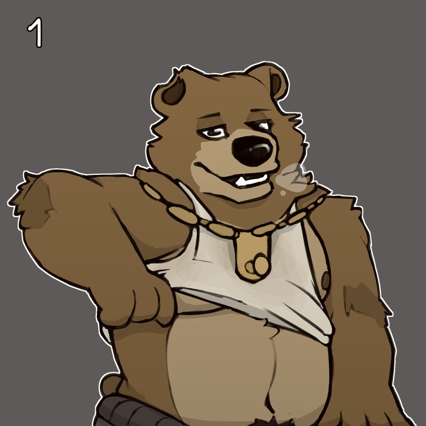 anthro baby_bear_(puss_in_boots) bear belly brown_body brown_fur chain clothed clothing clothing_lift fur head_tuft hi_res looking_at_viewer male mammal musclegut navel nipples shirt shirt_lift simple_background smile smiling_at_viewer solo spyromancer tank_top teeth topwear tuft