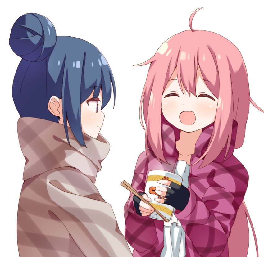 2girls ahoge bangs black_gloves blue_hair blush chopsticks closed_eyes closed_mouth collarbone commission cup_ramen facing_another fingerless_gloves gloves hair_between_eyes haru_(konomi_150) highres holding holding_chopsticks jacket kagamihara_nadeshiko long_hair long_sleeves multiple_girls open_clothes open_jacket open_mouth pink_hair pink_jacket pixiv_commission purple_eyes shima_rin simple_background smile upper_body white_background yurucamp