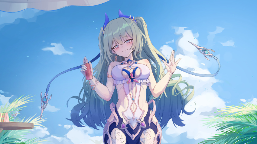 1girl absurdres bangs bare_shoulders blue_sky breasts caisena cleavage closed_mouth cloud cloudy_sky earrings green_eyes green_hair half-closed_eyes highres honkai_(series) honkai_impact_3rd jewelry long_hair looking_at_viewer mobius_(daughter_of_corals)_(honkai_impact) mobius_(honkai_impact) one-piece_swimsuit outdoors palm_leaf palm_tree single_earring sky smile solo swimsuit tree twintails wavy_hair